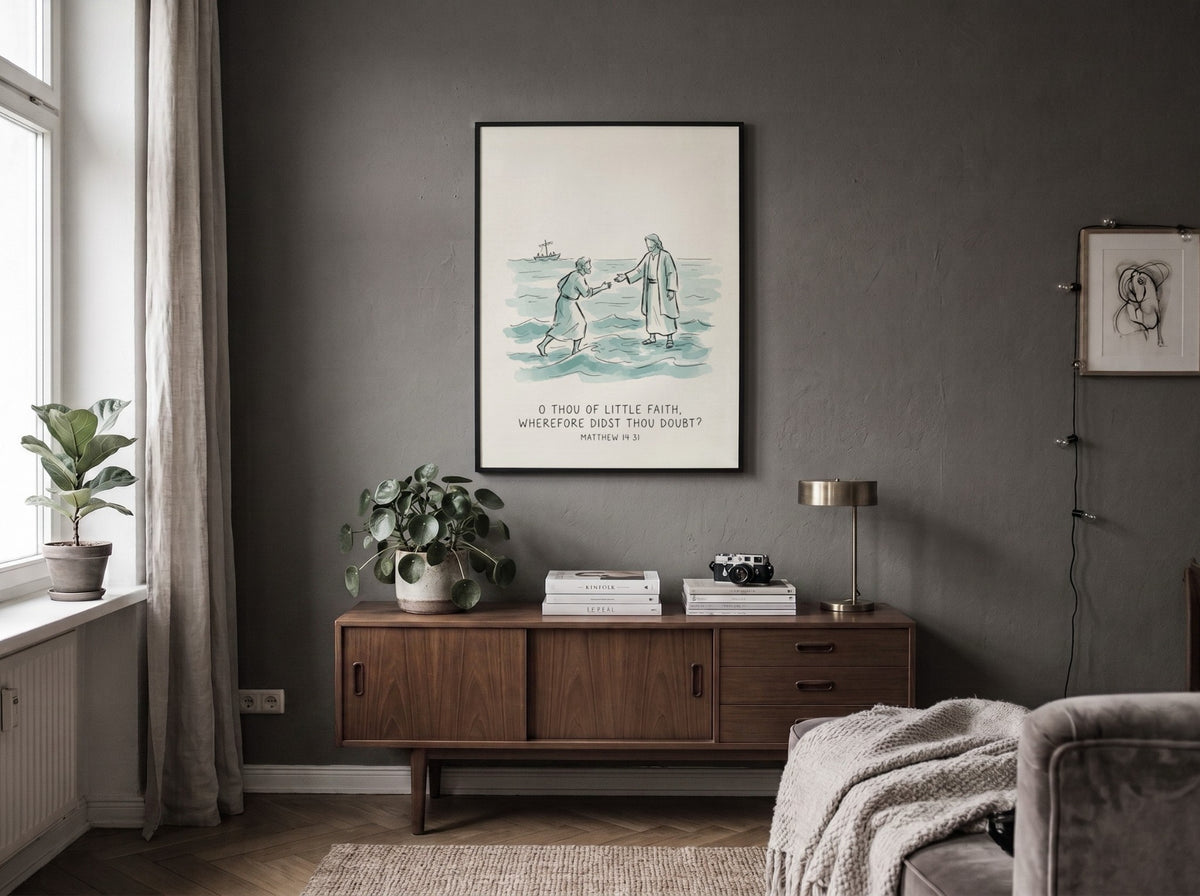 Poster featuring a hand-drawn illustration of Jesus reaching out to Peter on water.
