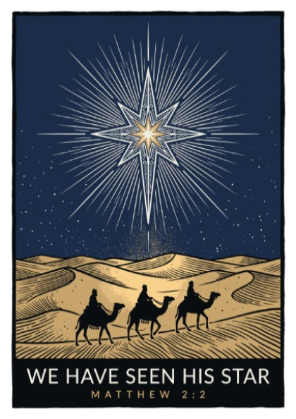 Poster of three figures on camels traversing desert dunes under a bright Bethlehem star