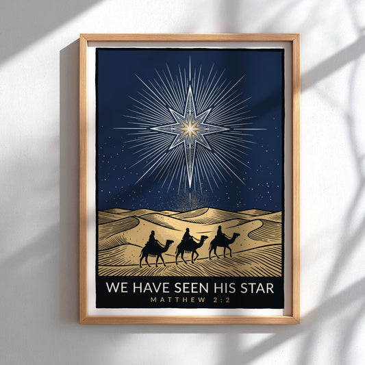 Poster of three figures on camels traversing desert dunes under a bright Bethlehem star