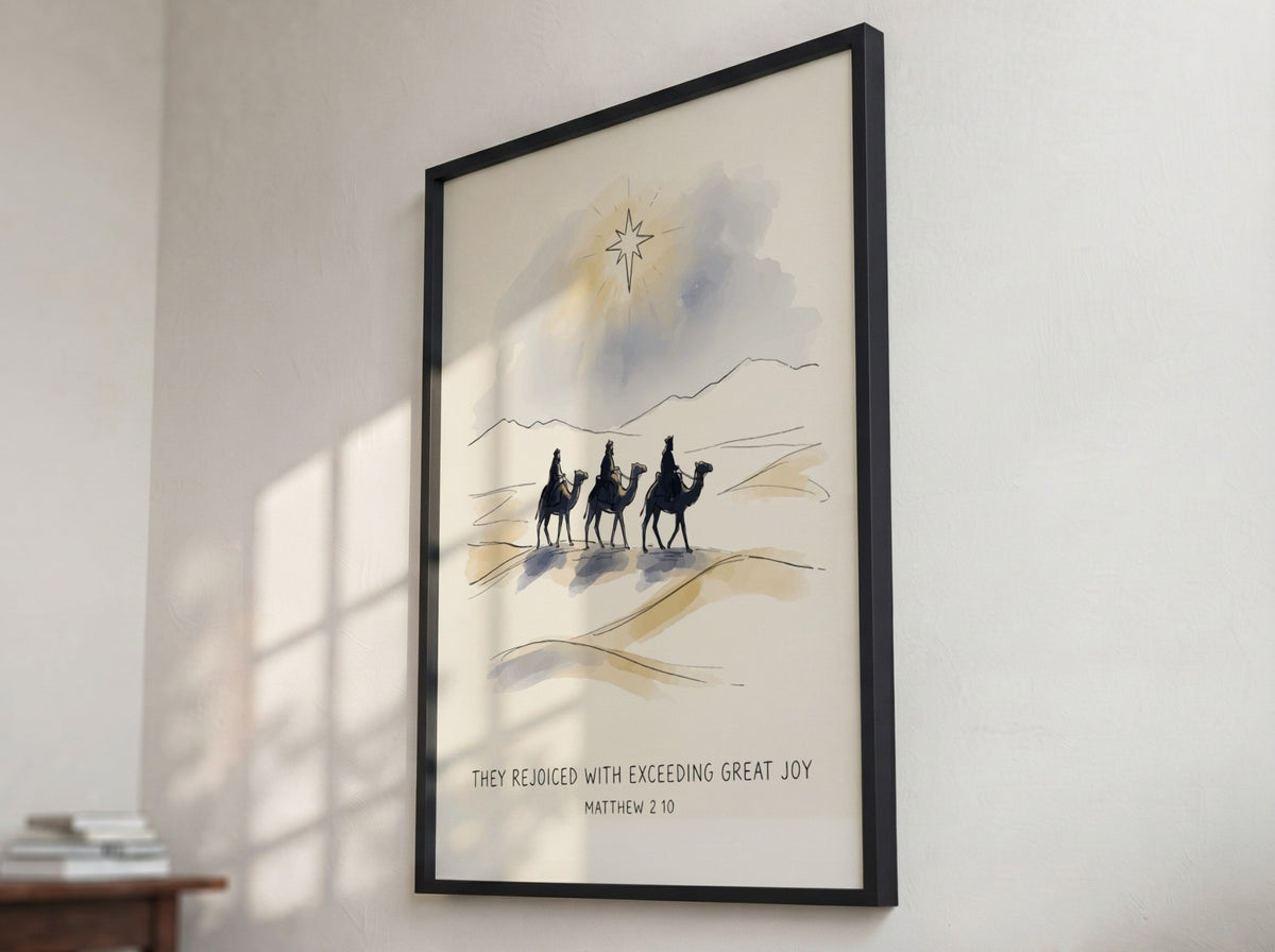 Poster featuring three wise men on camels under a star with biblical text below.