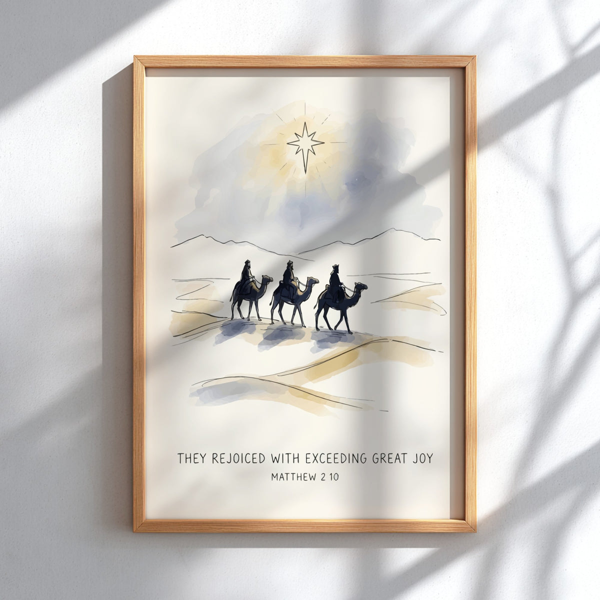 Poster featuring three wise men on camels under a star with biblical text below.