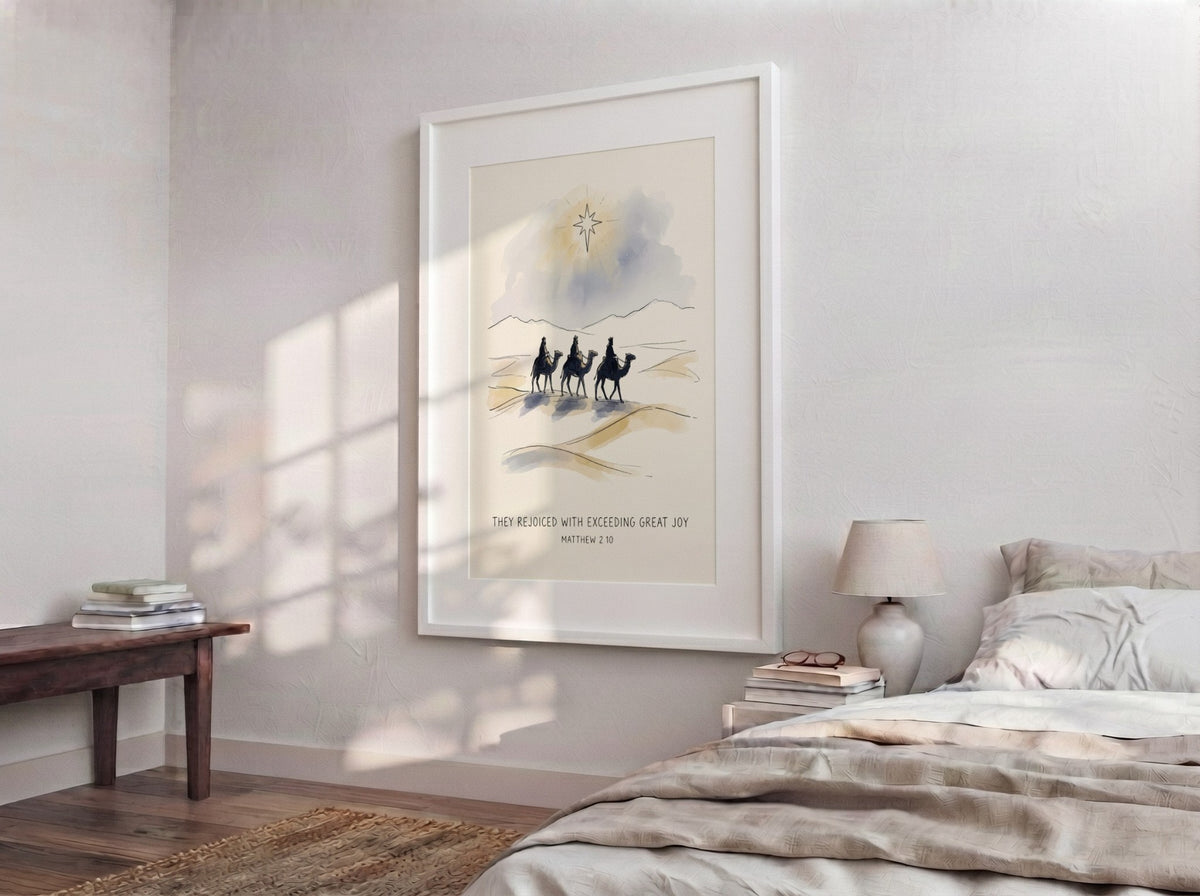 Poster featuring three wise men on camels under a star with biblical text below.