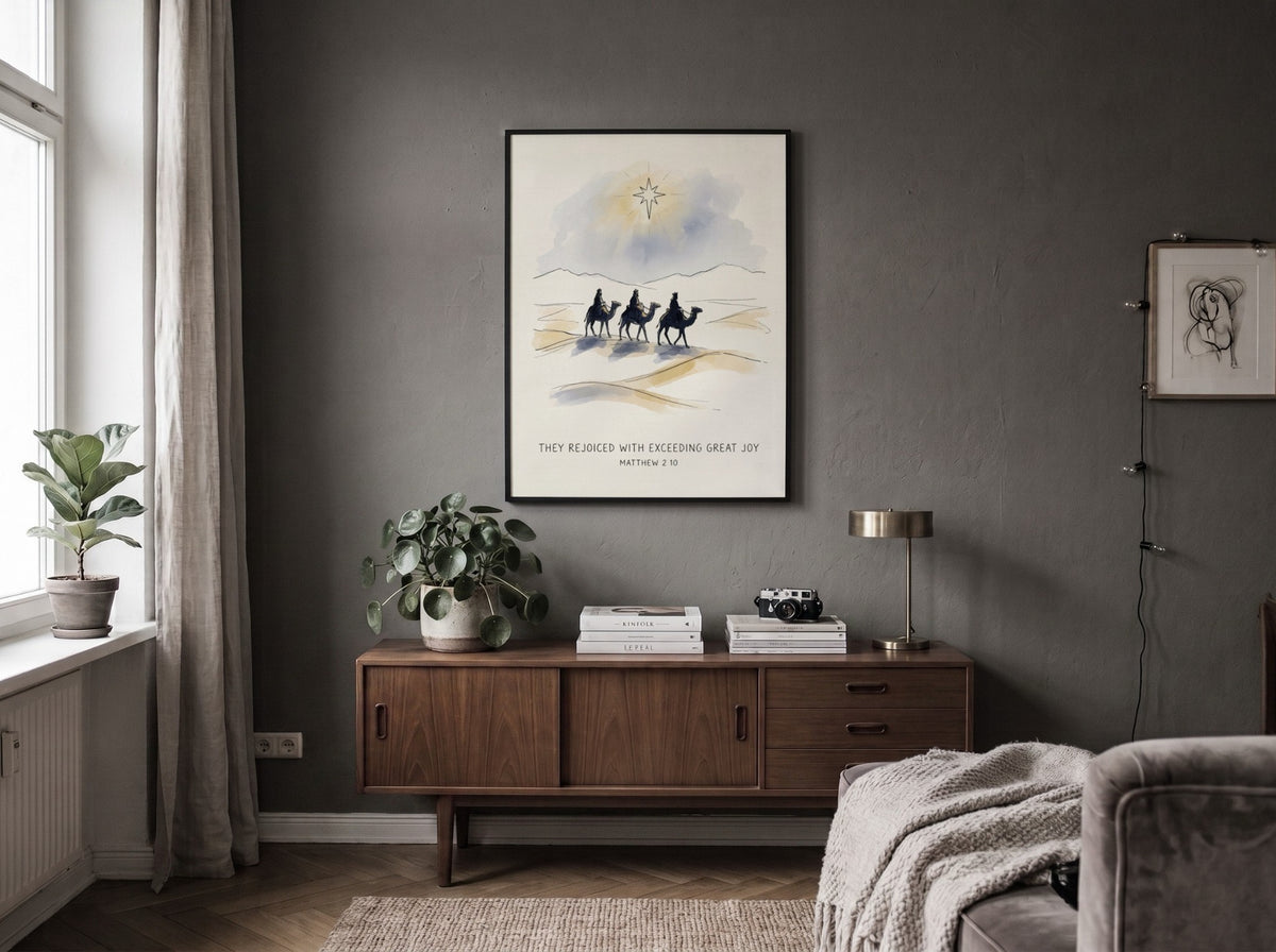 Poster featuring three wise men on camels under a star with biblical text below.
