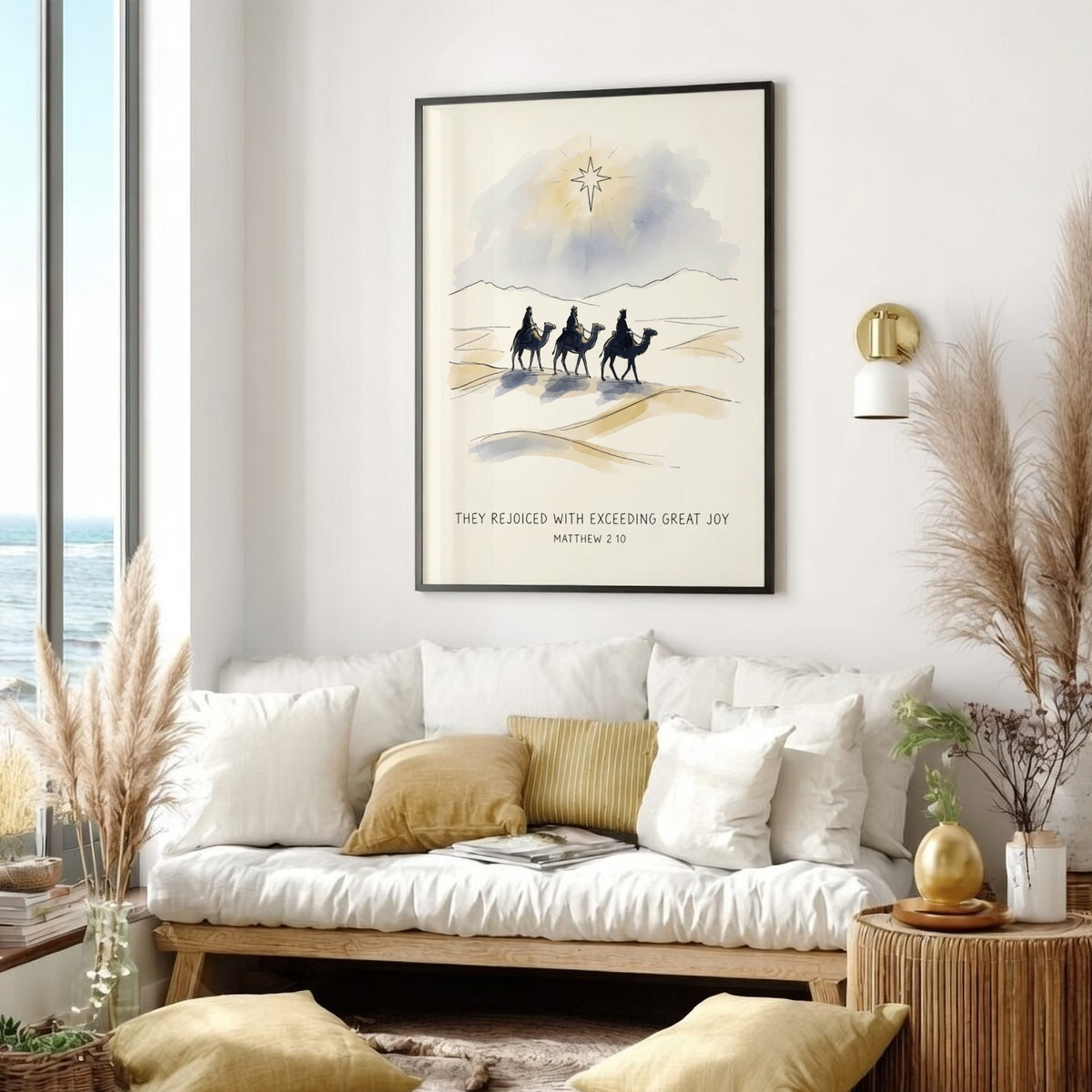 Poster featuring three wise men on camels under a star with biblical text below.