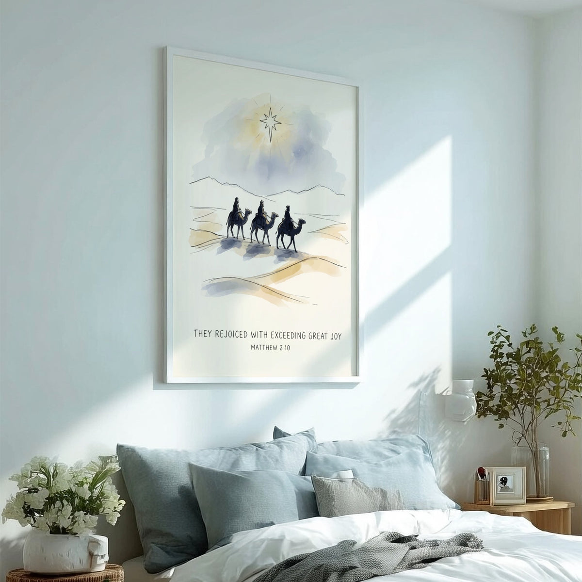 Poster featuring three wise men on camels under a star with biblical text below.