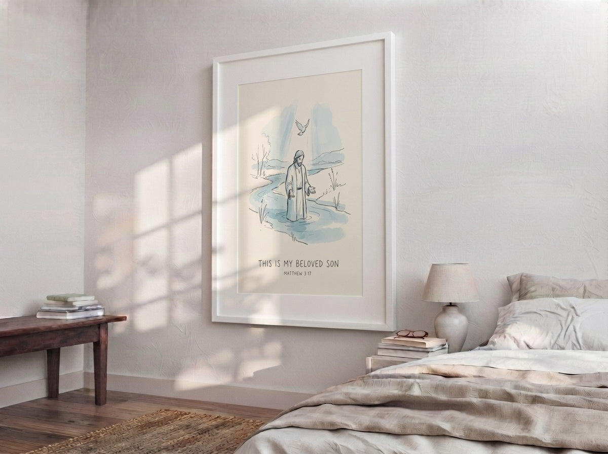 Poster featuring Jesus being baptized in a river with a dove and text below.
