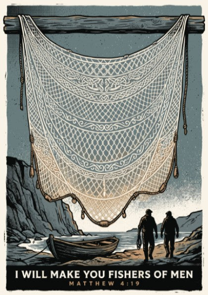 Religious poster featuring fishermen by a boat with a large net and text.