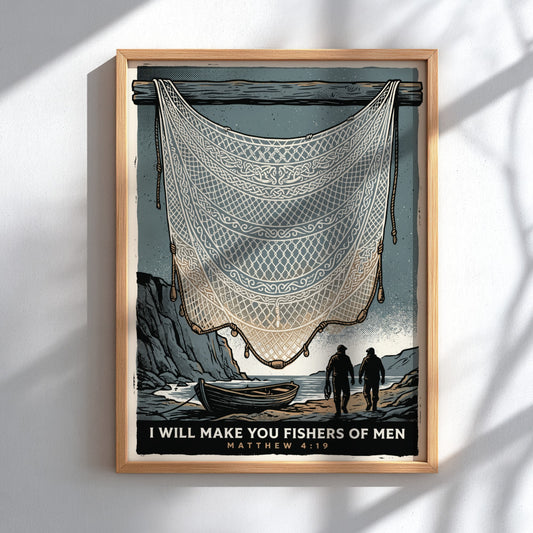 Religious poster featuring fishermen by a boat with a large net and text.
