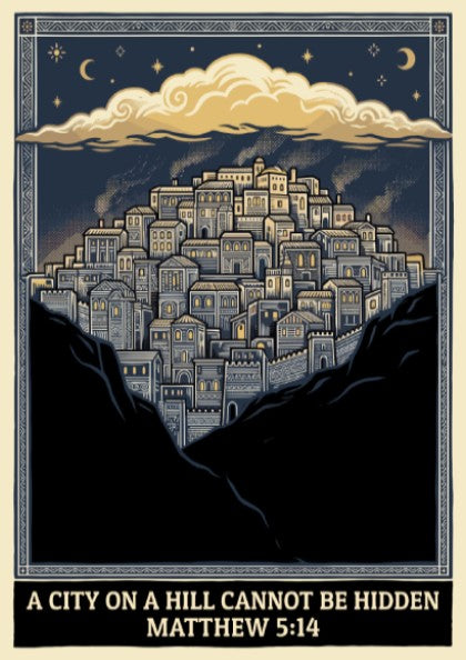 Poster of a stone city on a hill under a night sky with text