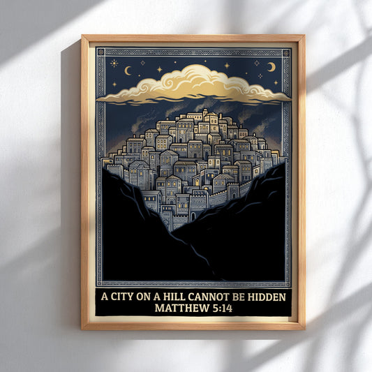 Poster of a stone city on a hill under a night sky with text
