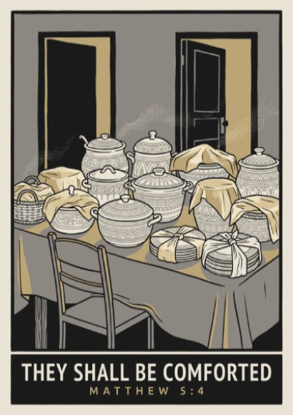 Poster featuring steaming pots and dishes on a table with Matthew 5:4 text.