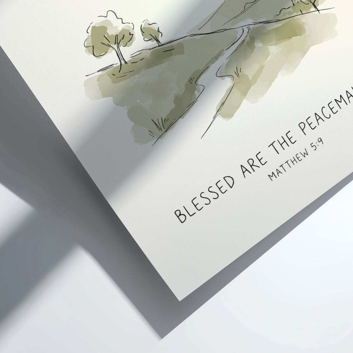 Poster featuring a dove with an olive branch above a serene sage green landscape.