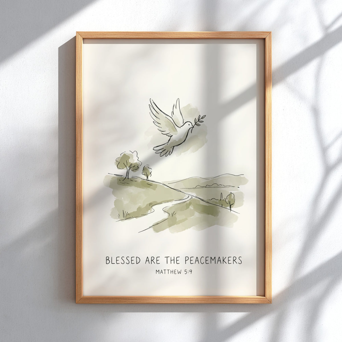 Poster featuring a dove with an olive branch above a serene sage green landscape.