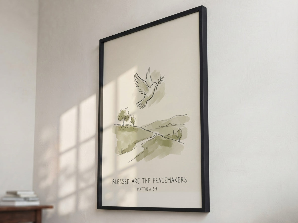 Poster featuring a dove with an olive branch above a serene sage green landscape.