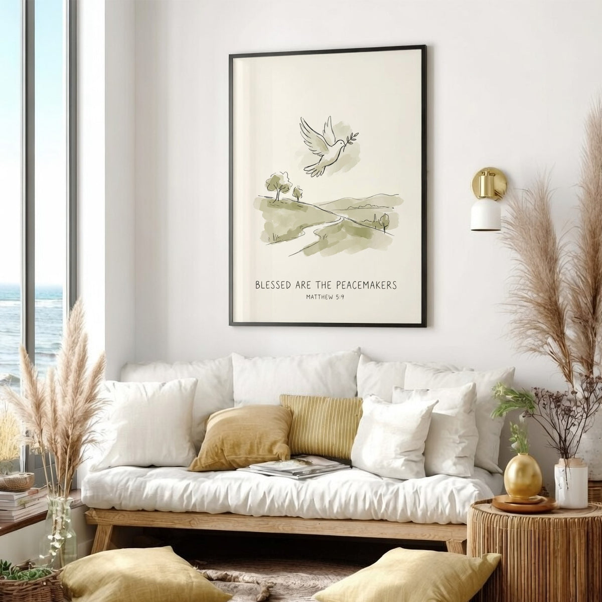 Poster featuring a dove with an olive branch above a serene sage green landscape.
