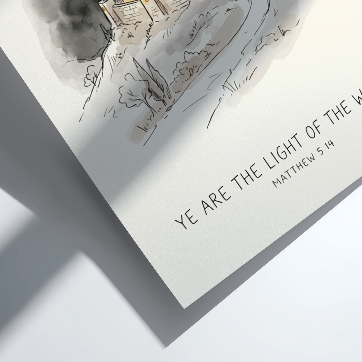 Poster featuring a glowing hilltop village at night with the text Ye Are The Light