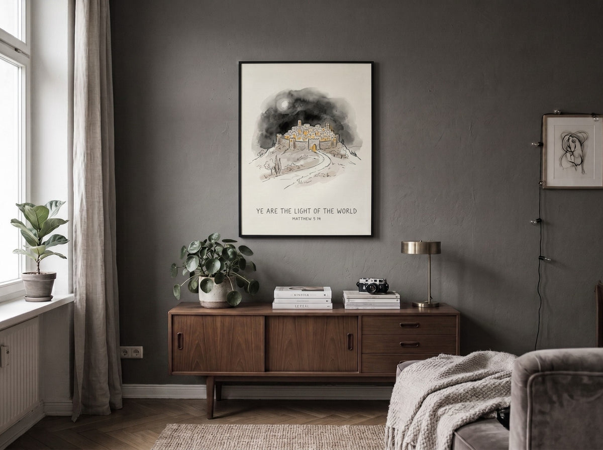 Poster featuring a glowing hilltop village at night with the text Ye Are The Light
