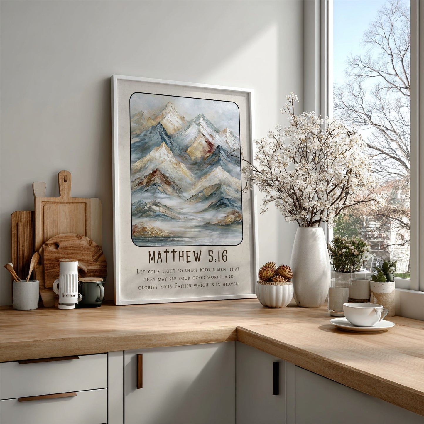 Matthew 5:16 poster featuring mountains in soft tones, inspirational religion artwork