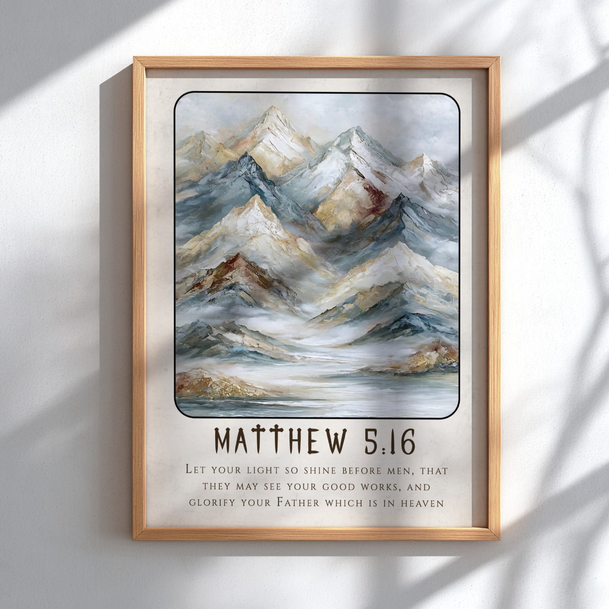 Matthew 5:16 poster featuring mountains in soft tones, inspirational religion artwork