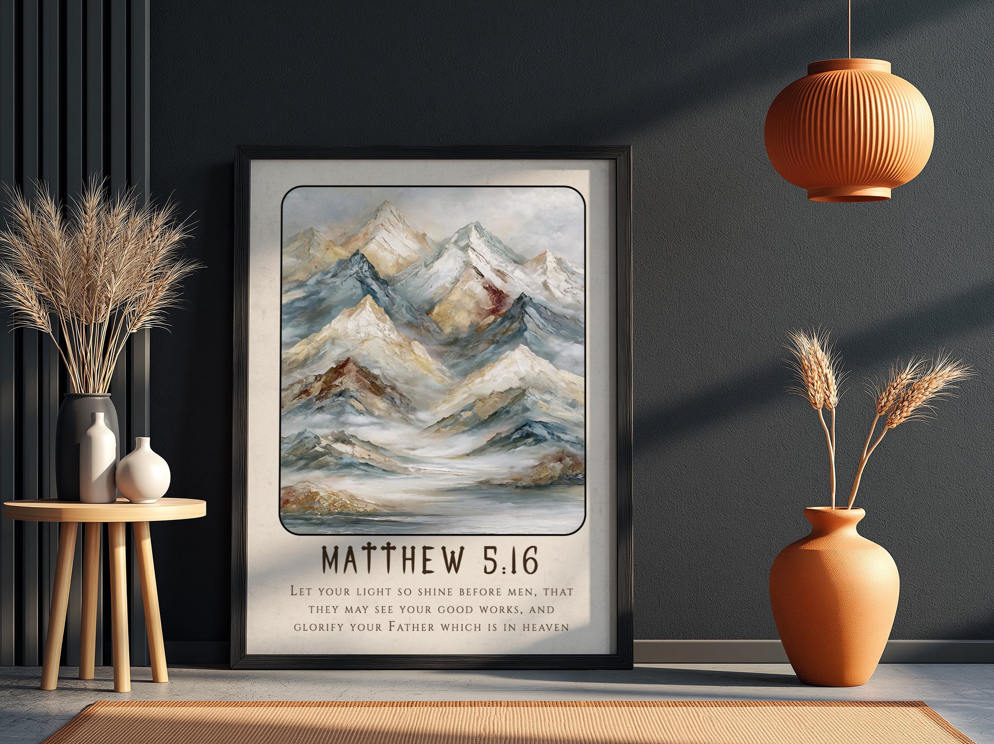 Matthew 5:16 poster featuring mountains in soft tones, inspirational religion artwork