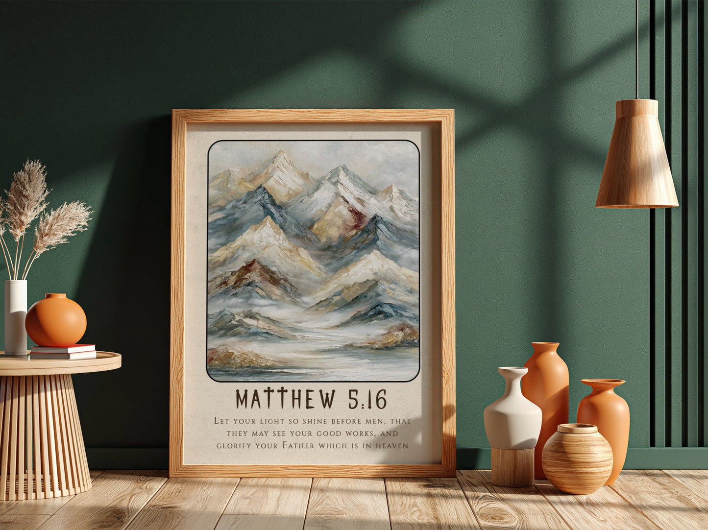 Matthew 5:16 poster featuring mountains in soft tones, inspirational religion artwork