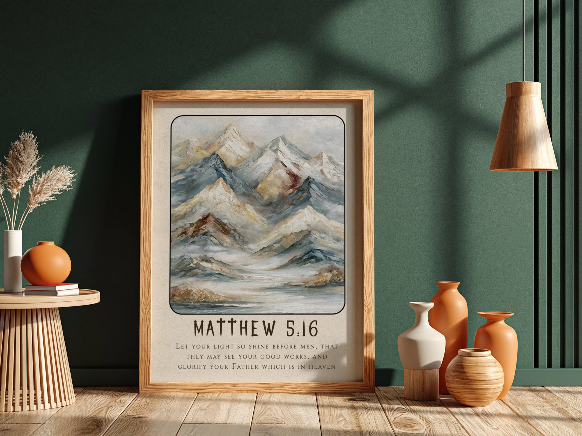 Matthew 5:16 poster featuring mountains in soft tones, inspirational religion artwork