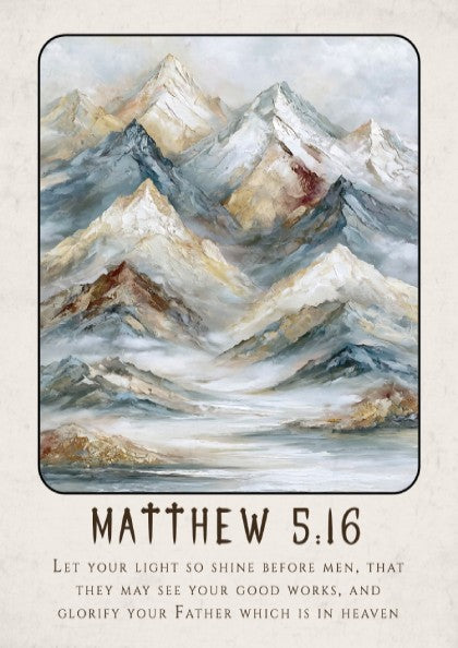 Matthew 5:16 poster featuring mountains in soft tones, inspirational religion artwork