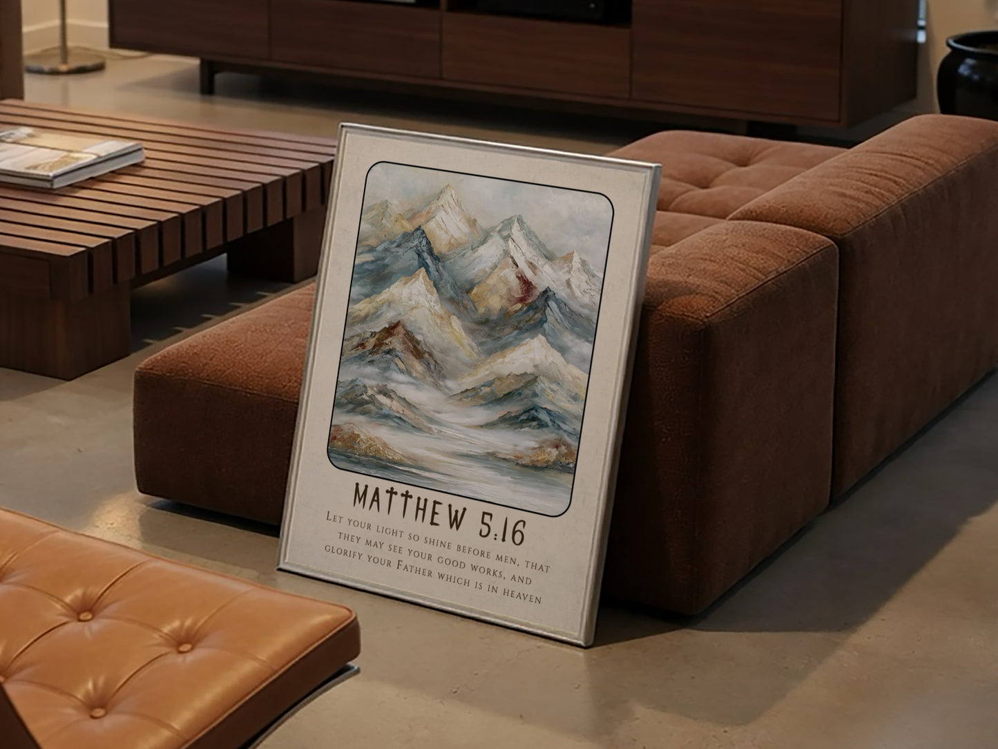 Matthew 5:16 poster featuring mountains in soft tones, inspirational religion artwork