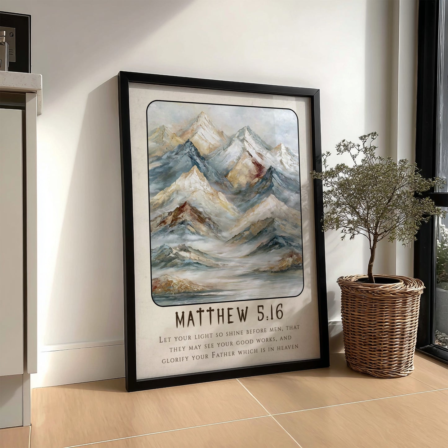 Matthew 5:16 poster featuring mountains in soft tones, inspirational religion artwork