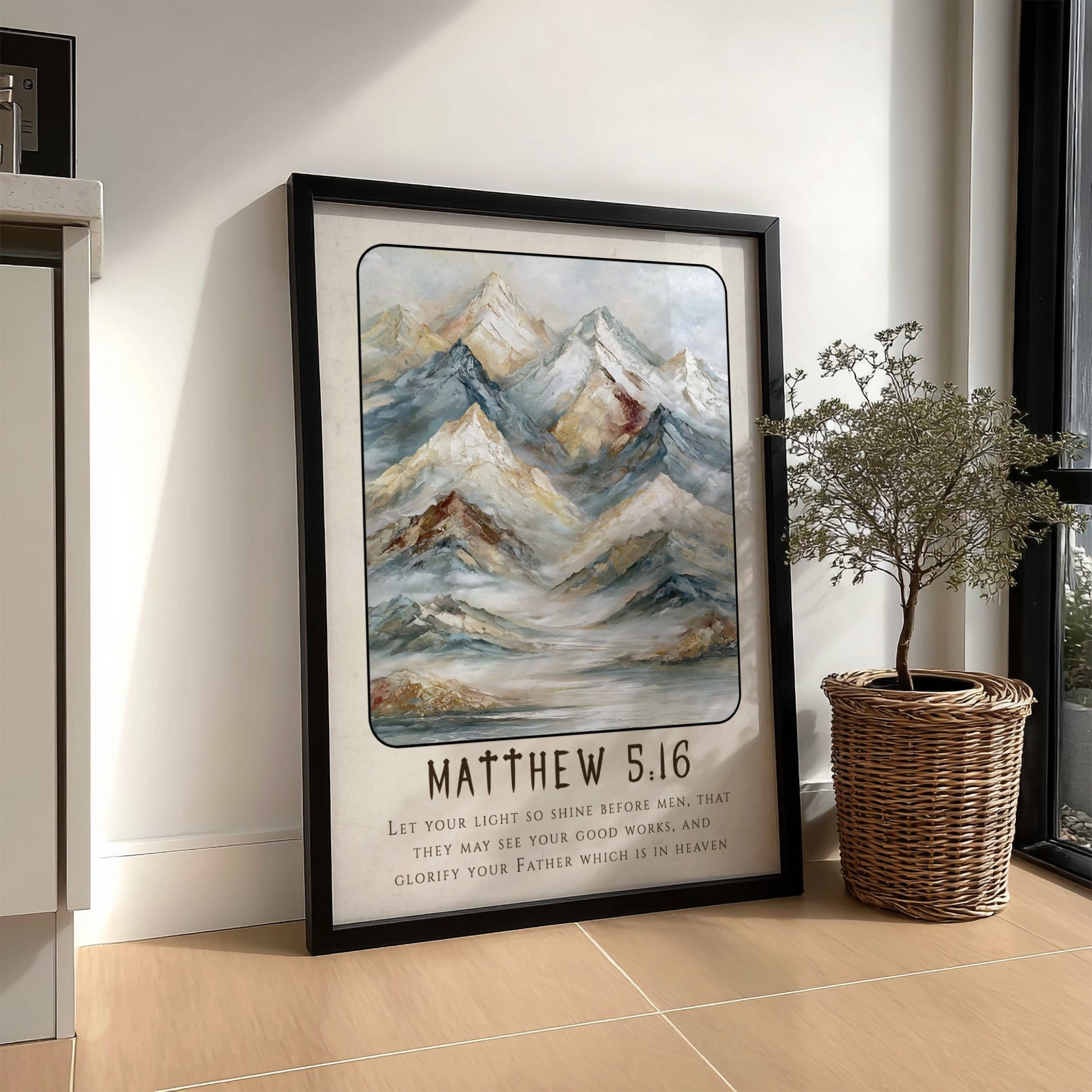 Matthew 5:16 poster featuring mountains in soft tones, inspirational religion artwork