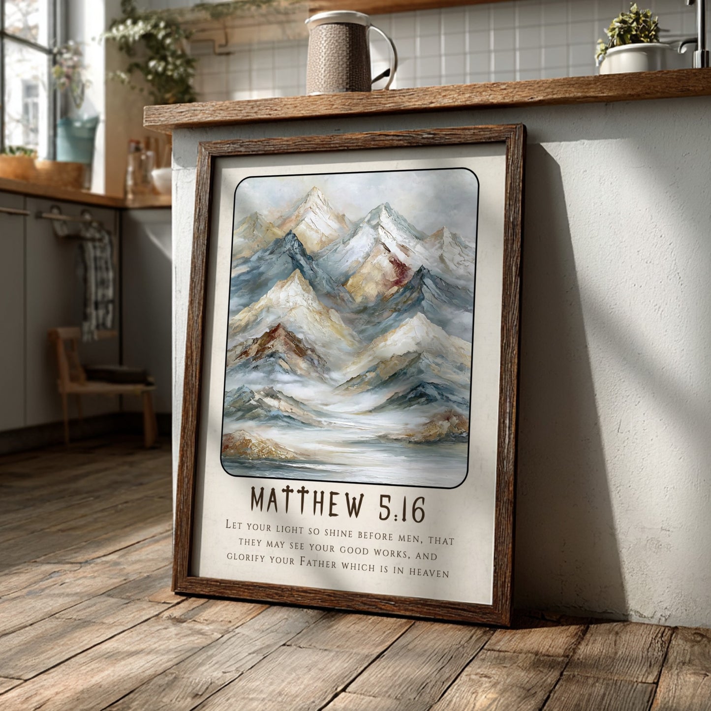 Matthew 5:16 poster featuring mountains in soft tones, inspirational religion artwork