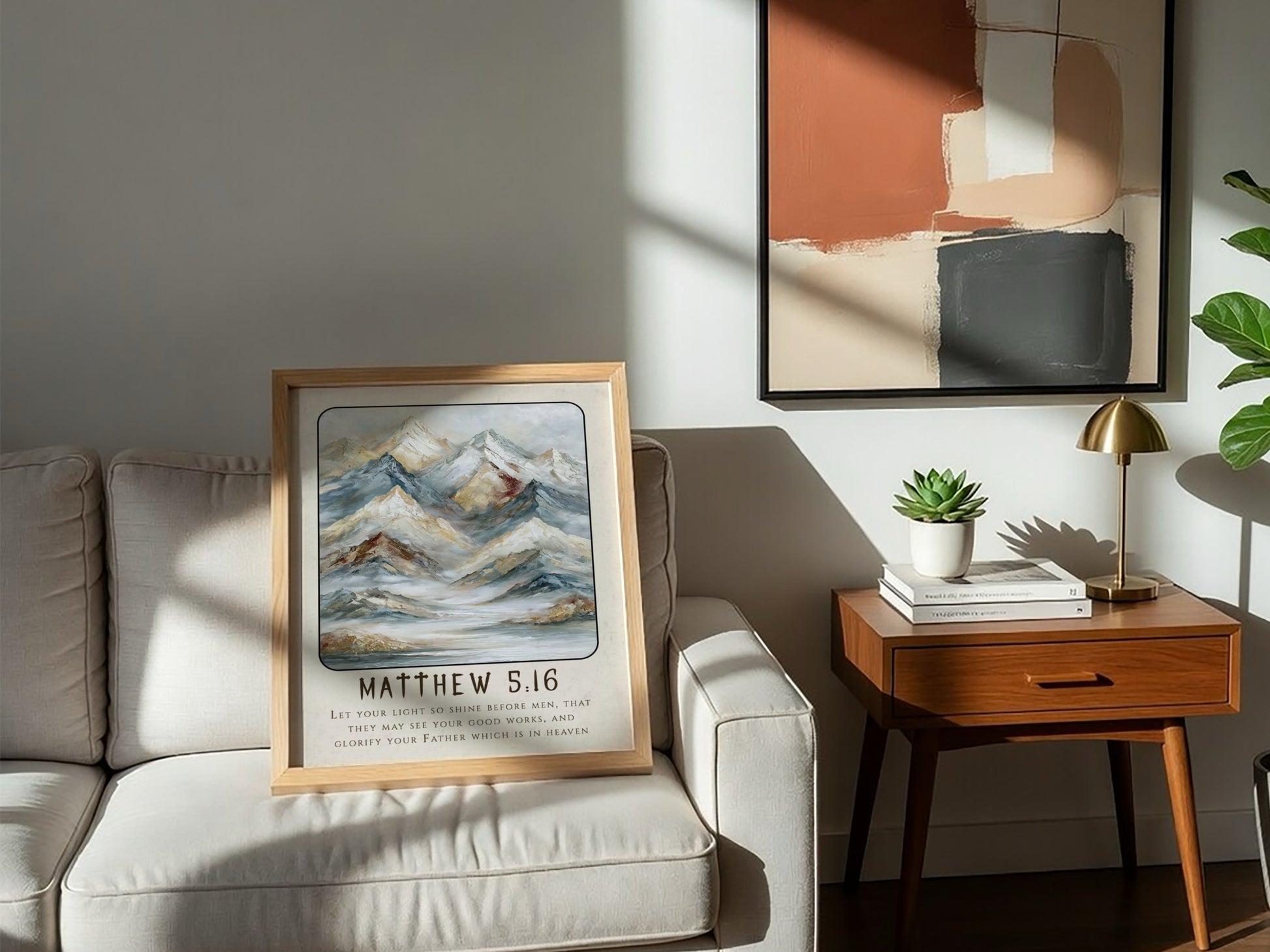 Matthew 5:16 poster featuring mountains in soft tones, inspirational religion artwork