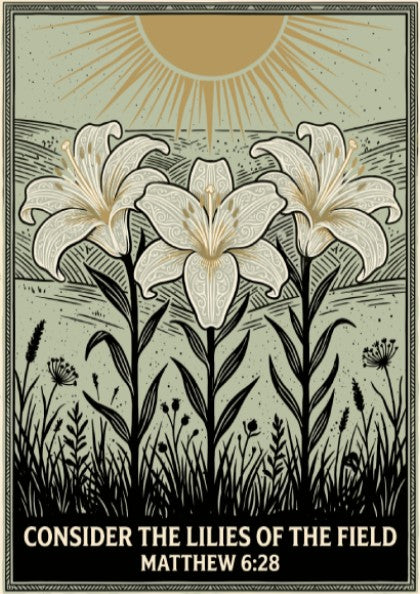 Poster featuring three white lilies in a sage green field with golden sun