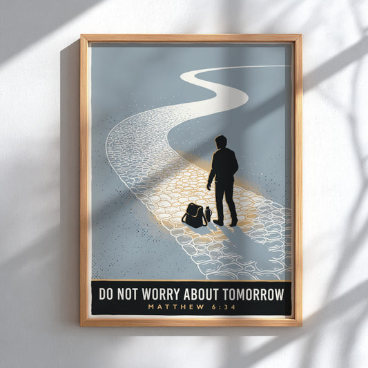 Poster featuring a traveler on a winding road with Do Not Worry About Tomorrow text