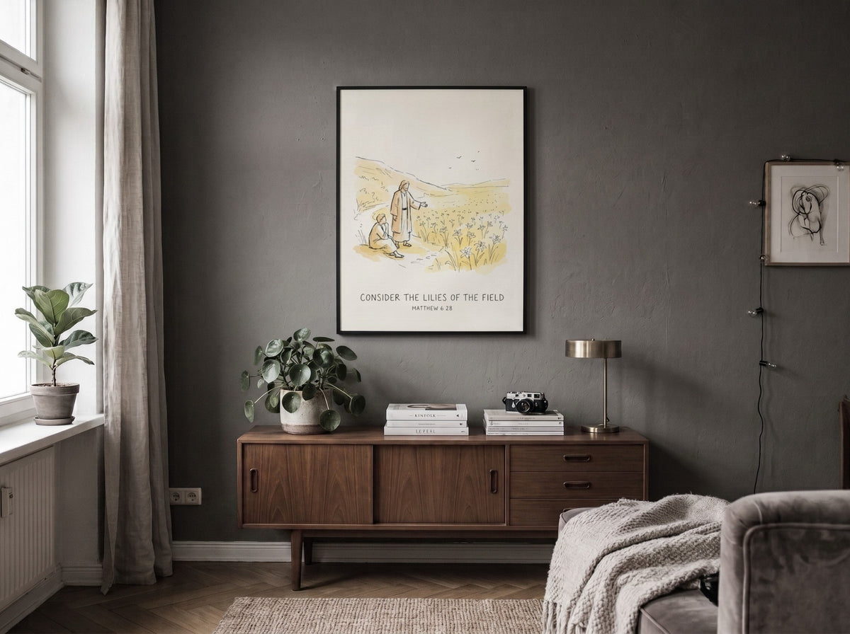 Poster featuring a soft golden illustration of a biblical scene with field lilies