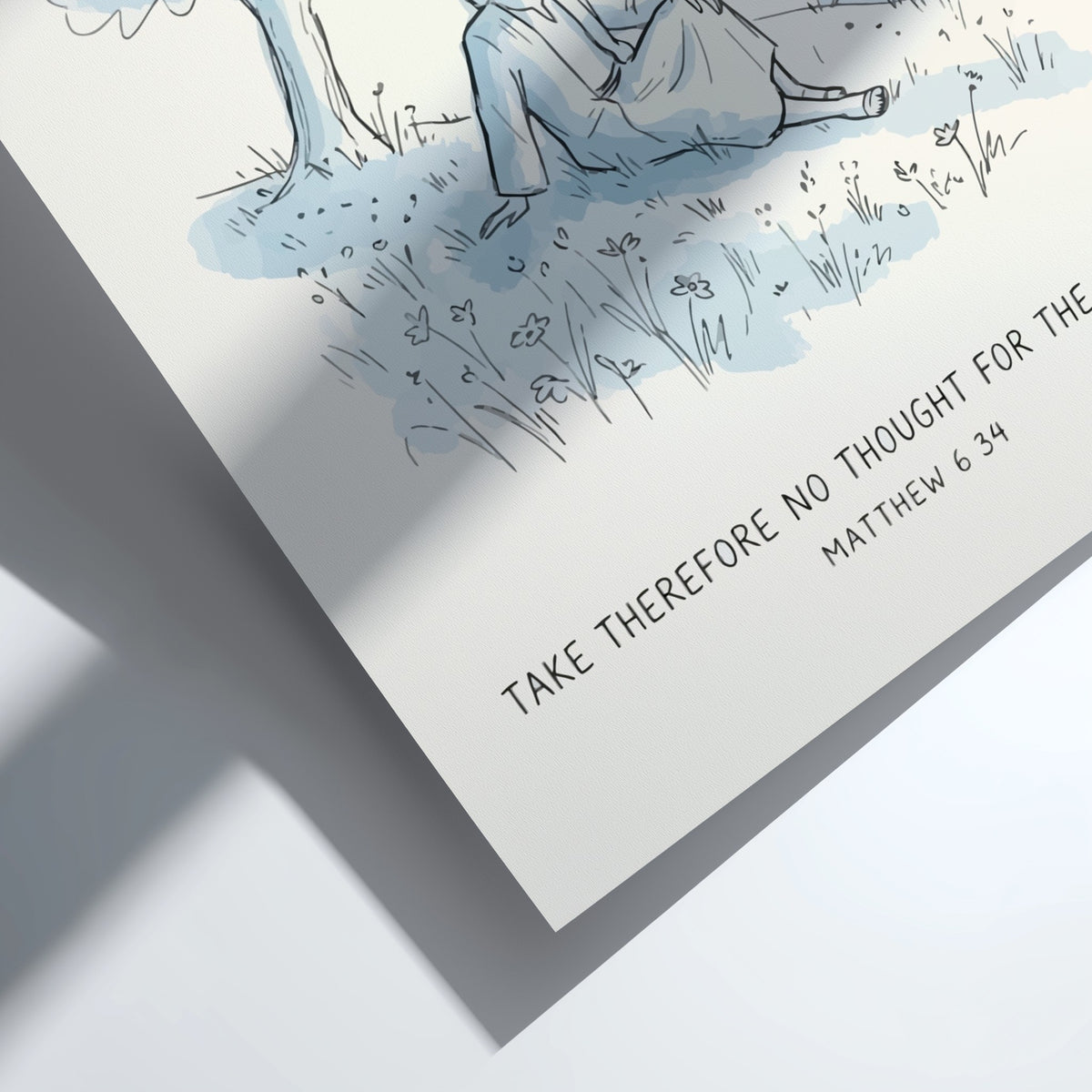 Poster featuring a hand-drawn illustration of a figure resting under a tree with scripture text.