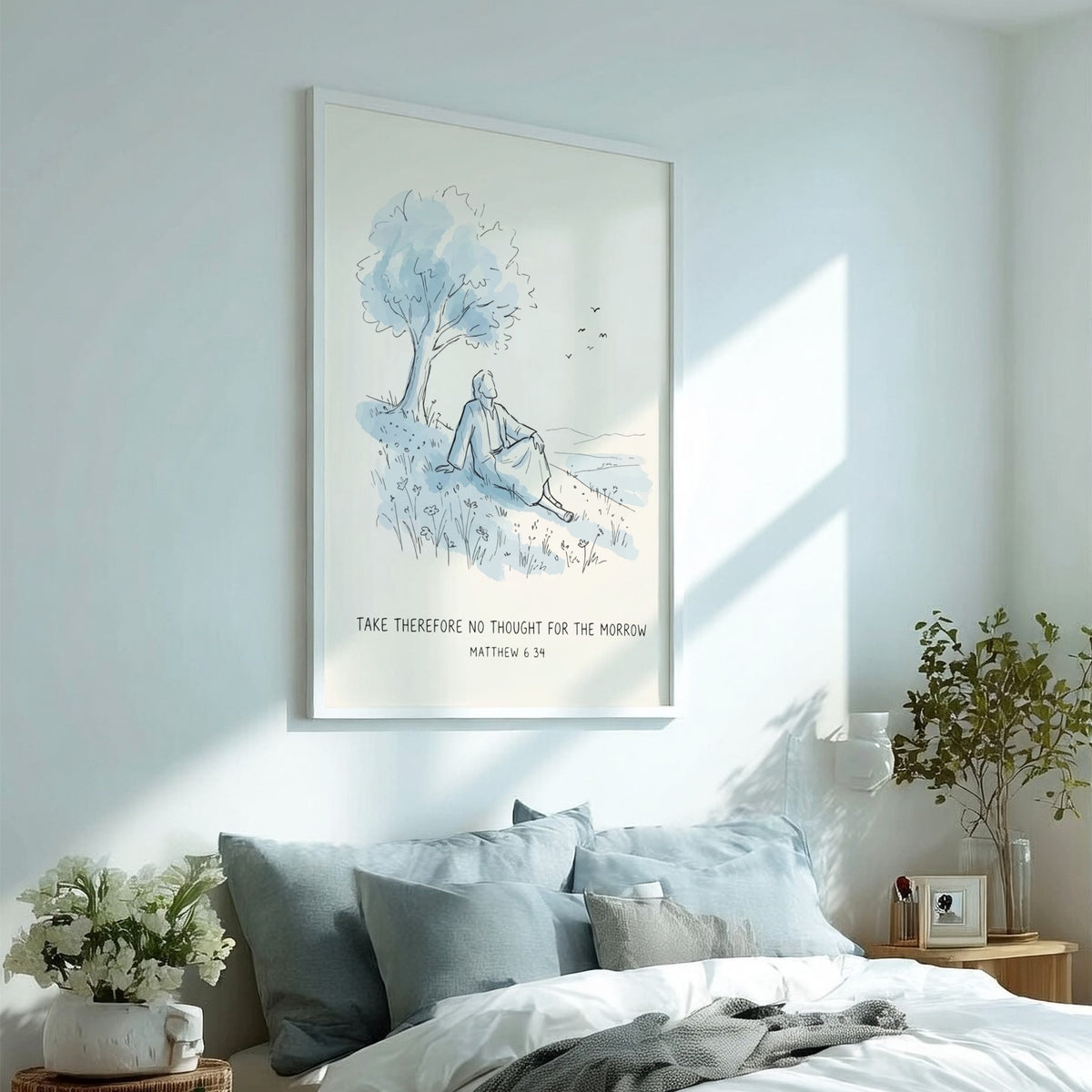 Poster featuring a hand-drawn illustration of a figure resting under a tree with scripture text.