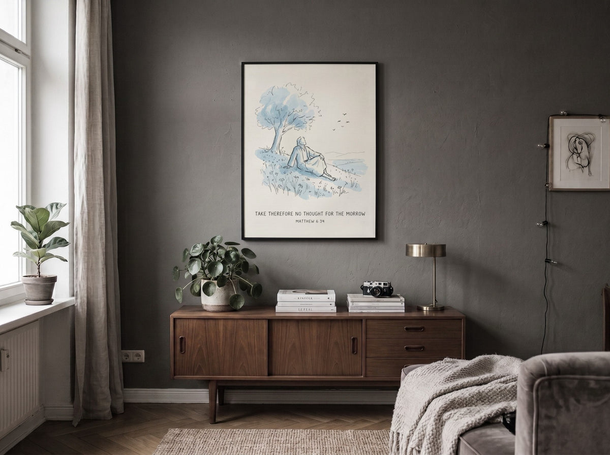 Poster featuring a hand-drawn illustration of a figure resting under a tree with scripture text.