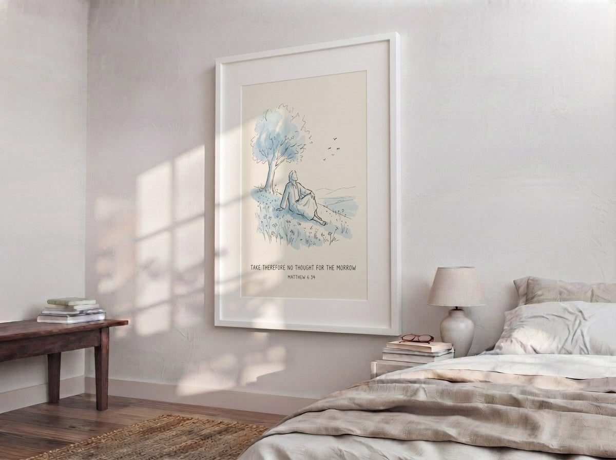 Poster featuring a hand-drawn illustration of a figure resting under a tree with scripture text.