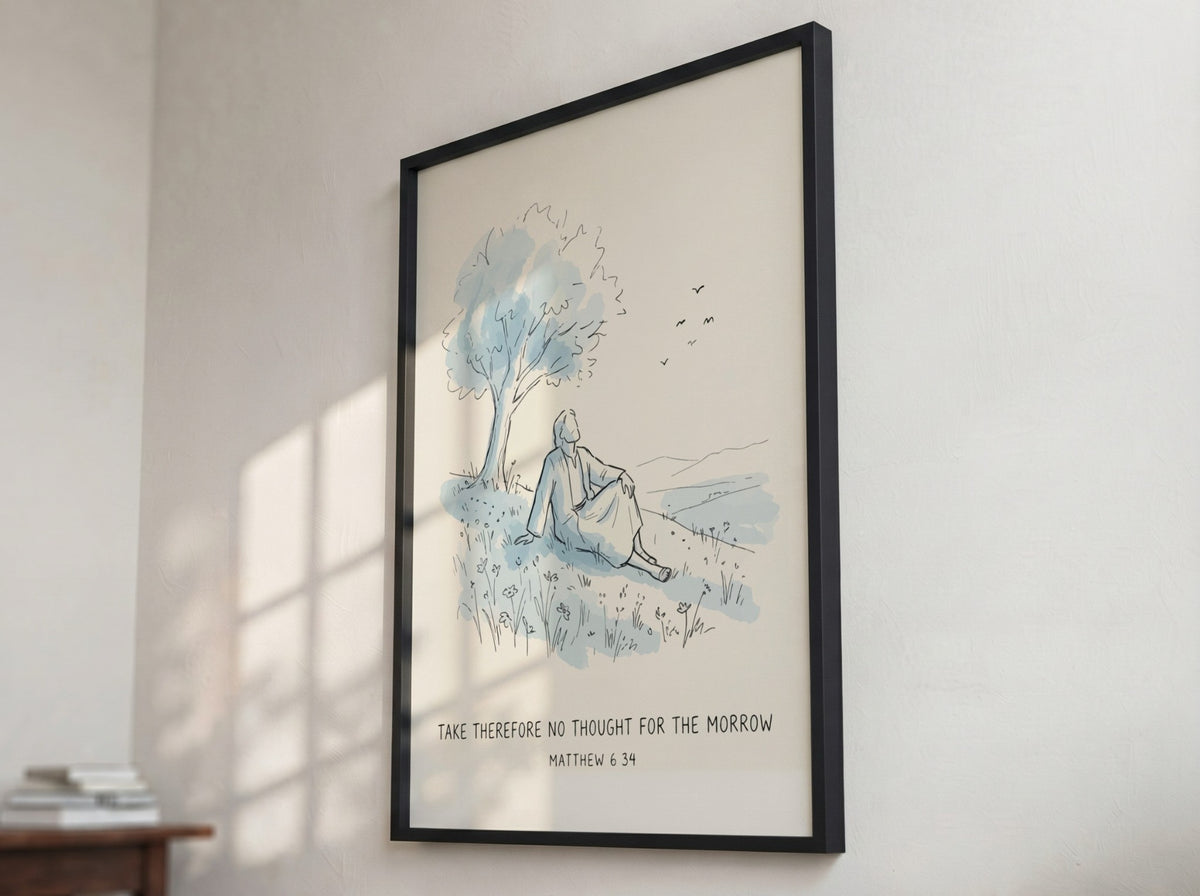 Poster featuring a hand-drawn illustration of a figure resting under a tree with scripture text.