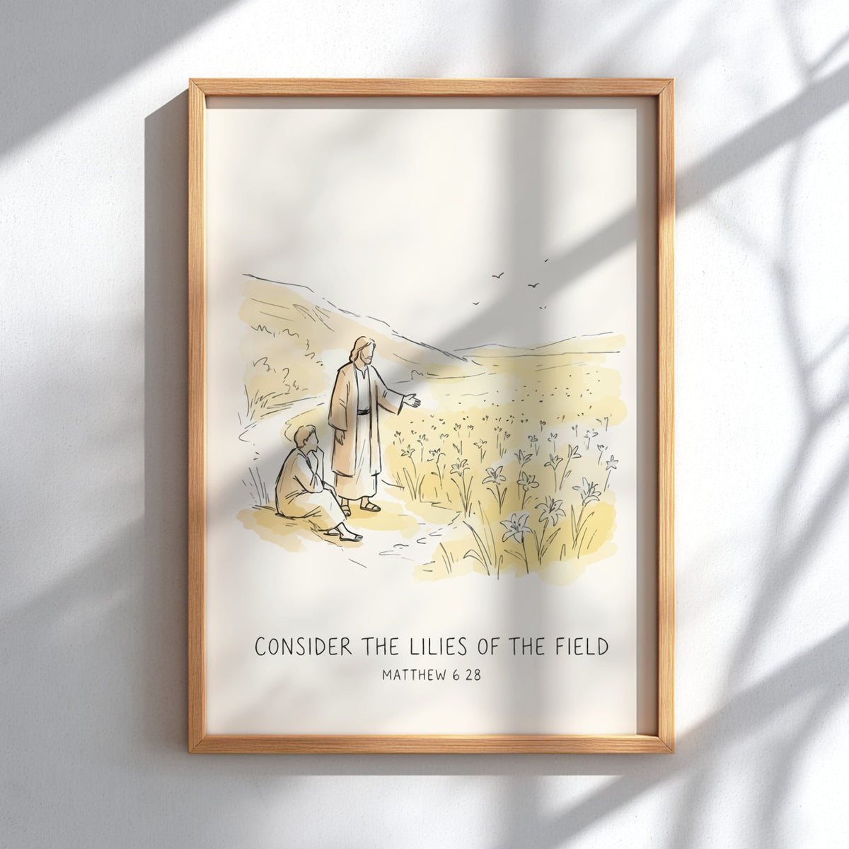 Poster featuring a soft golden illustration of a biblical scene with field lilies