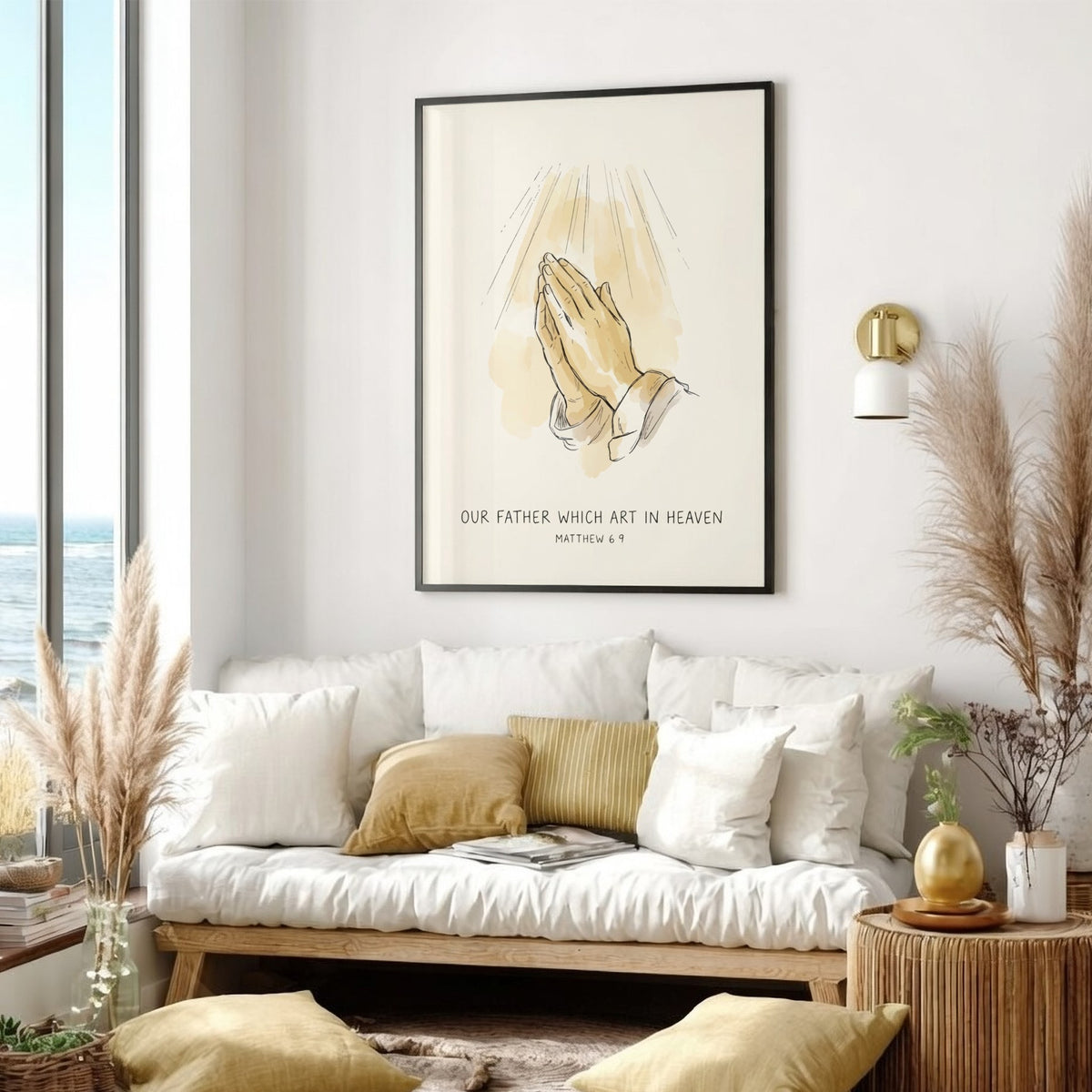 Poster featuring praying hands in a soft golden sketch style with religious scripture text.