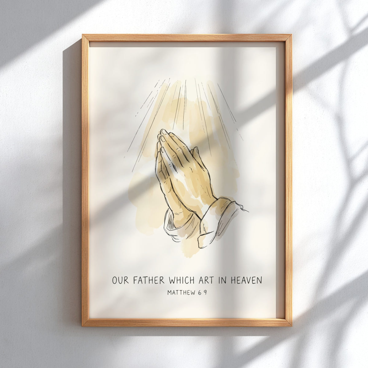 Poster featuring praying hands in a soft golden sketch style with religious scripture text.