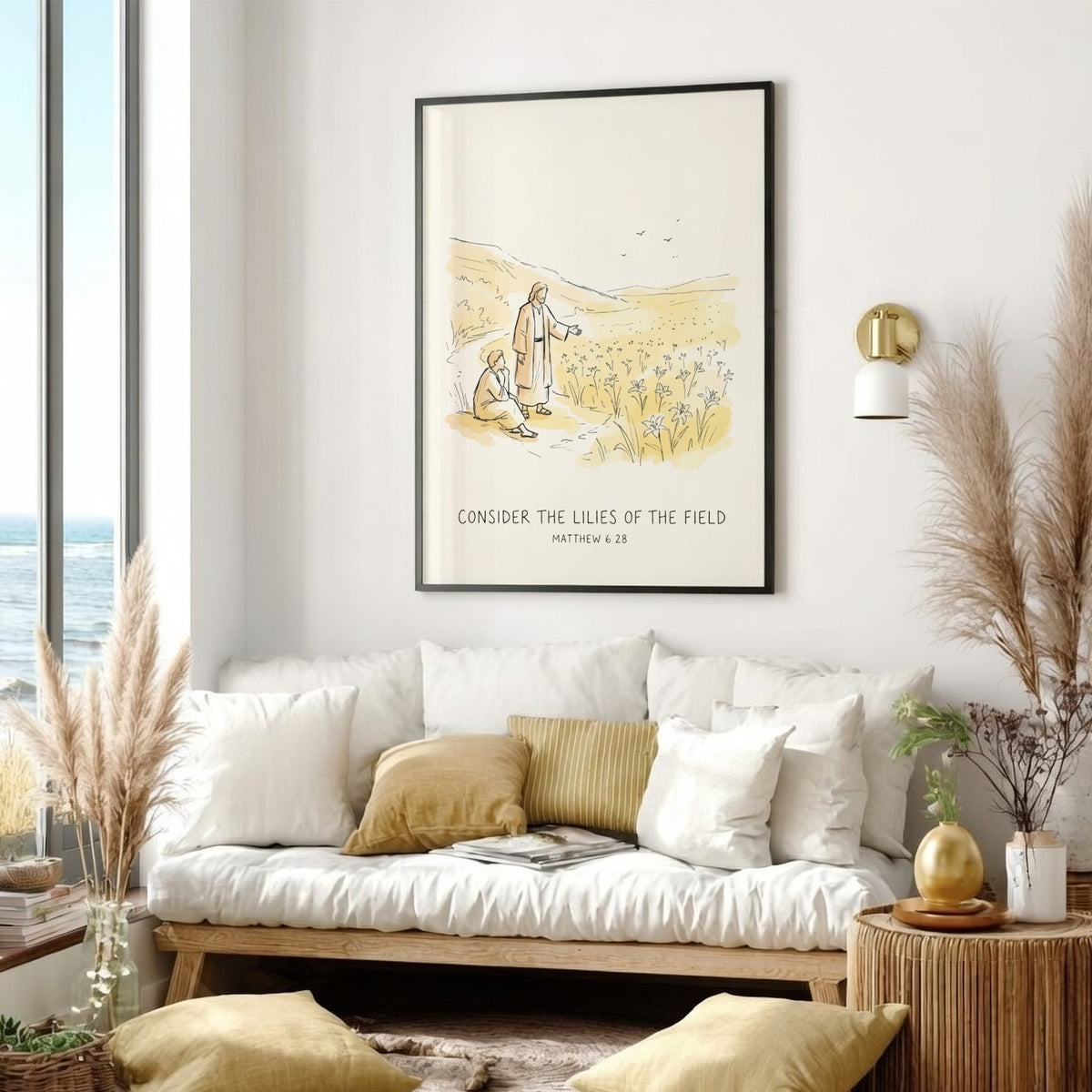 Poster featuring a soft golden illustration of a biblical scene with field lilies