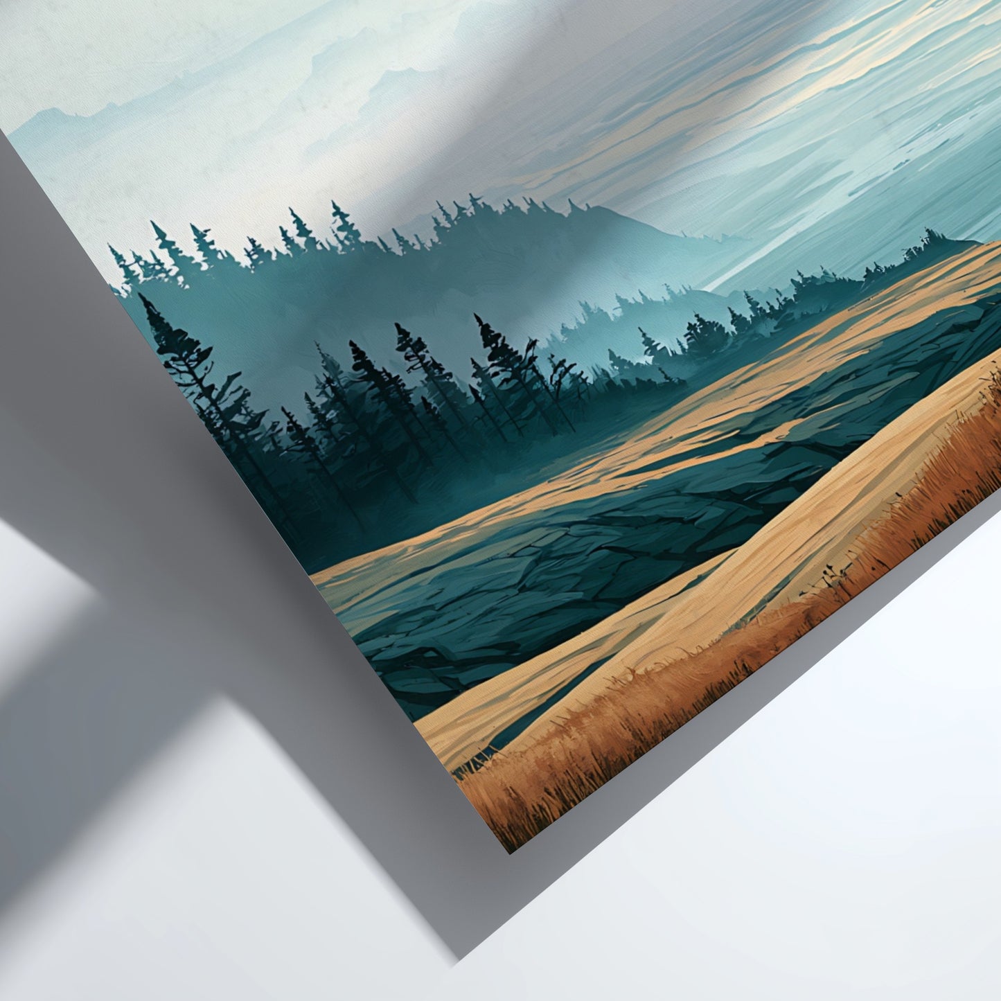 Poster featuring a mountain valley landscape with golden grass and misty blue hills.