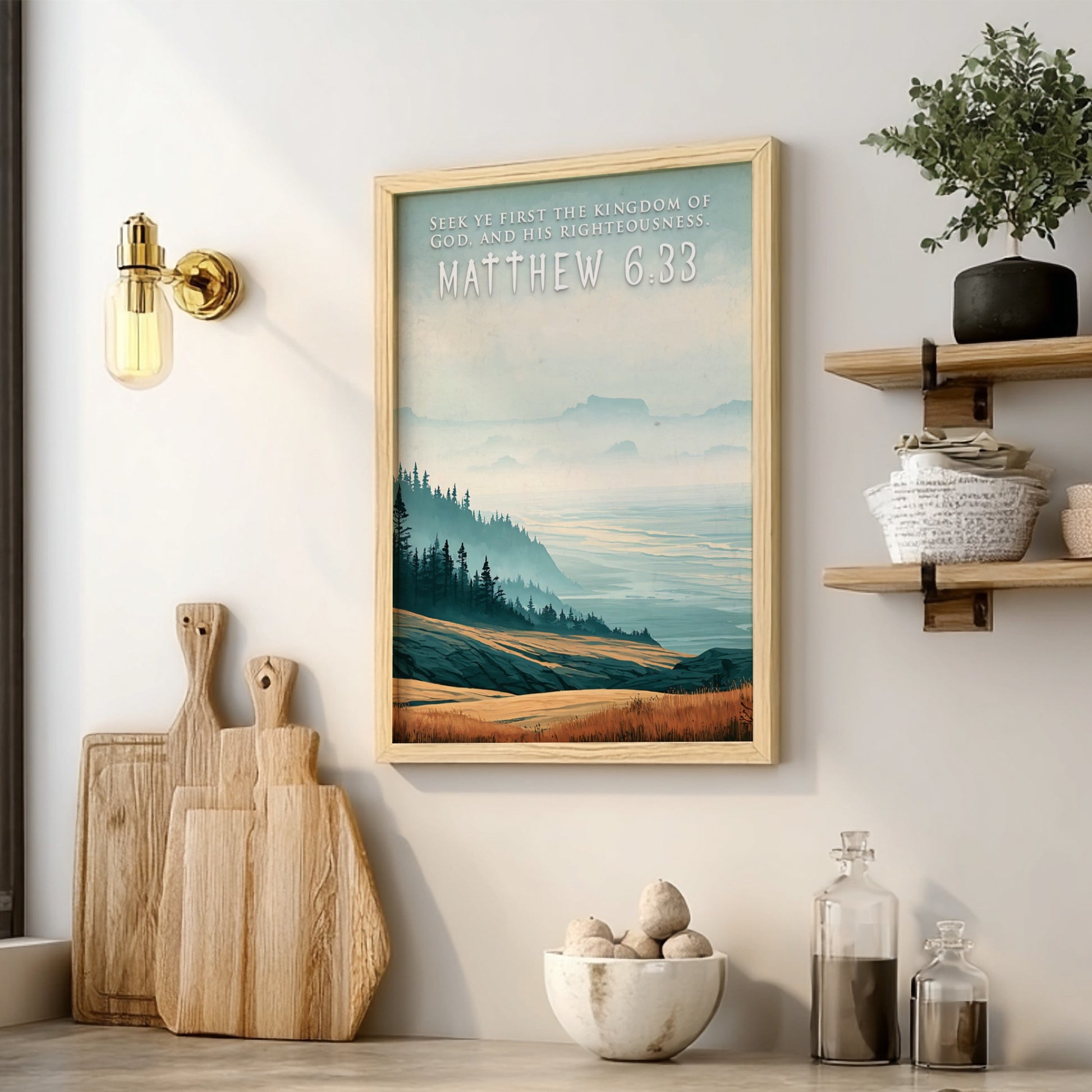 Poster featuring a mountain valley landscape with golden grass and misty blue hills.