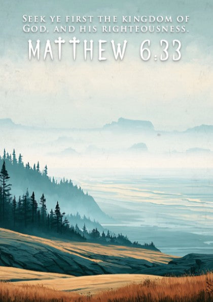 Poster featuring a mountain valley landscape with golden grass and misty blue hills.