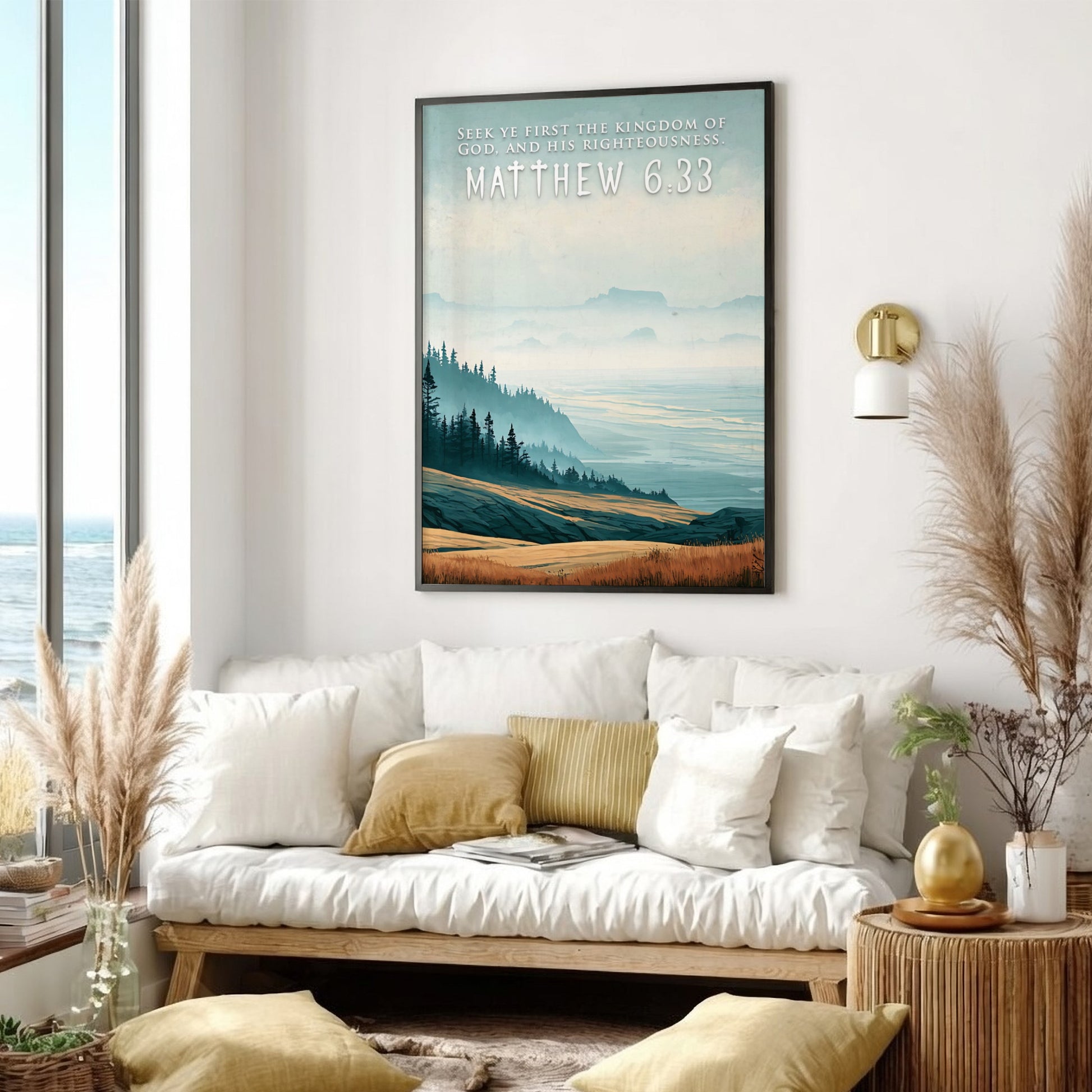 Poster featuring a mountain valley landscape with golden grass and misty blue hills.