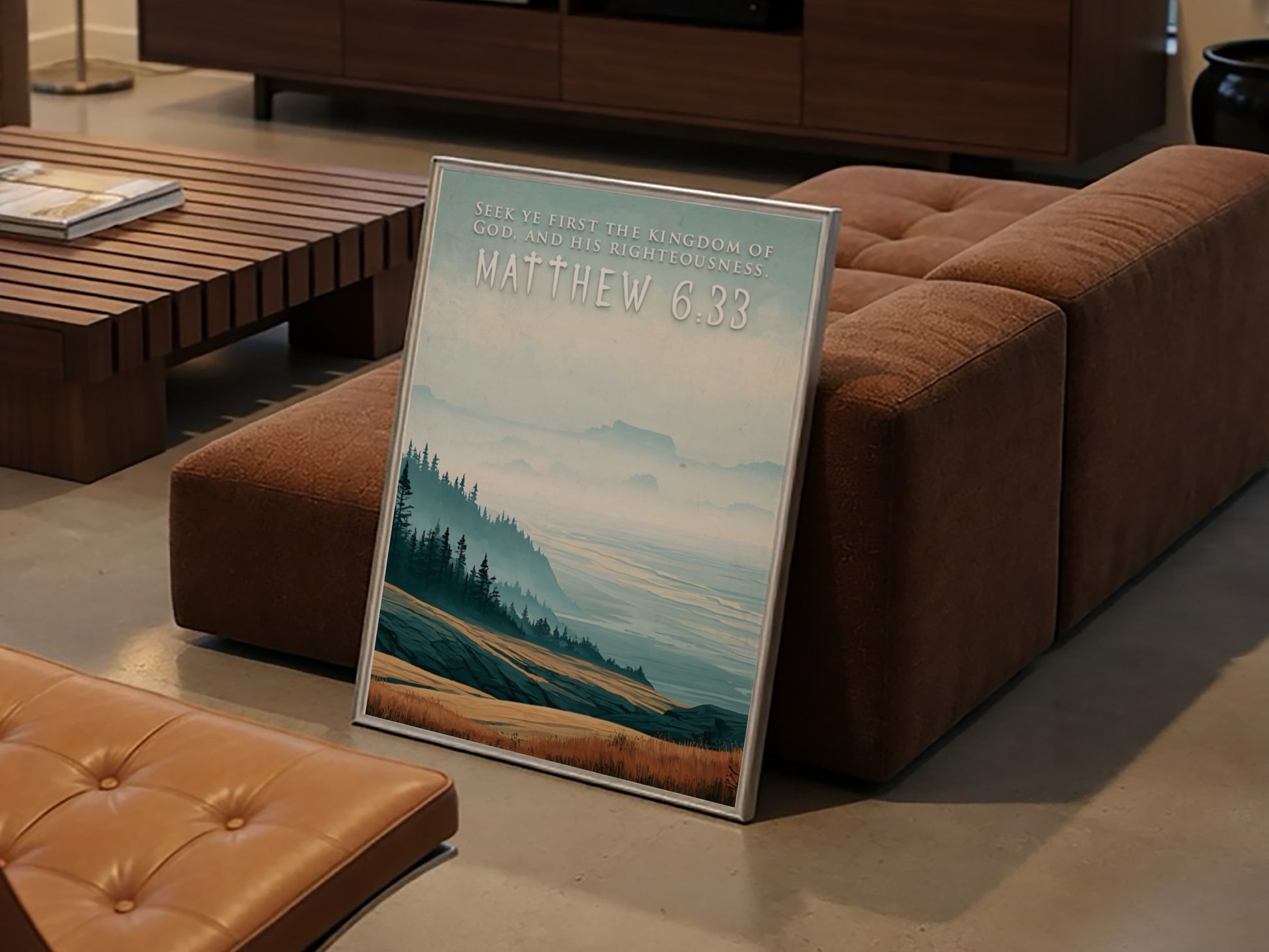 Poster featuring a mountain valley landscape with golden grass and misty blue hills.