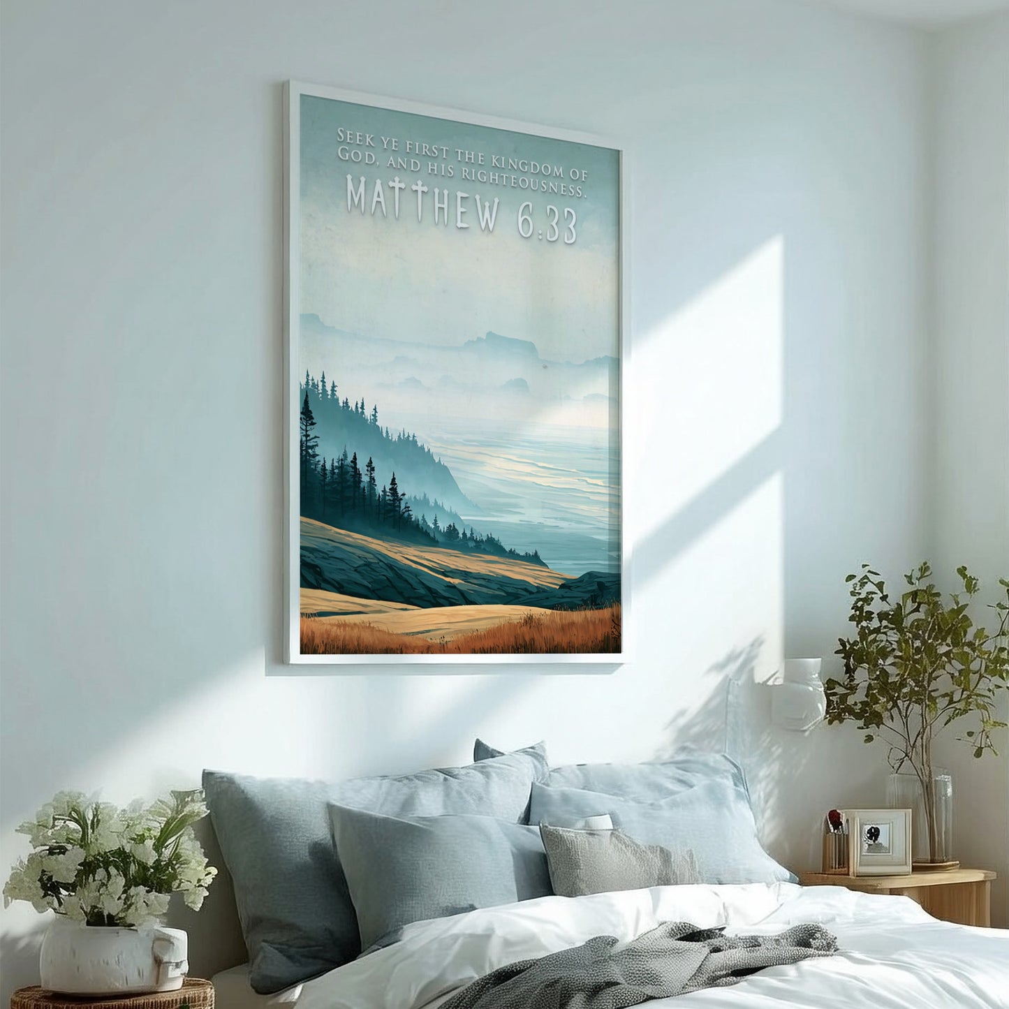 Poster featuring a mountain valley landscape with golden grass and misty blue hills.